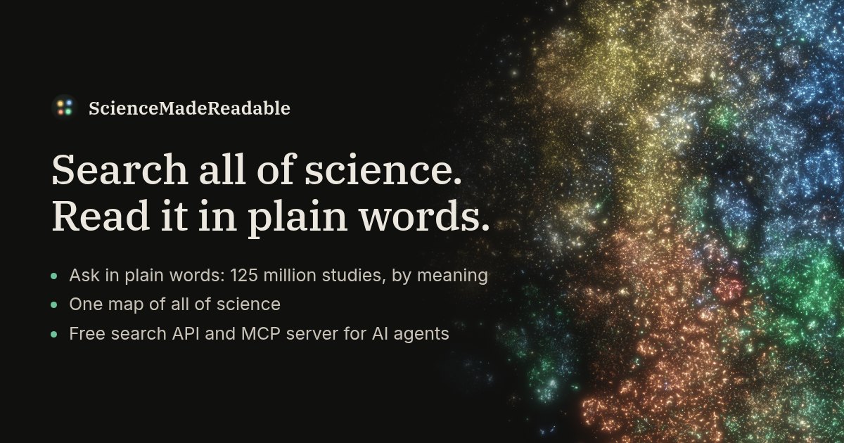 ScienceMadeReadable — 125 million studies searchable by meaning, on one map of science. Open papers rewritten…
